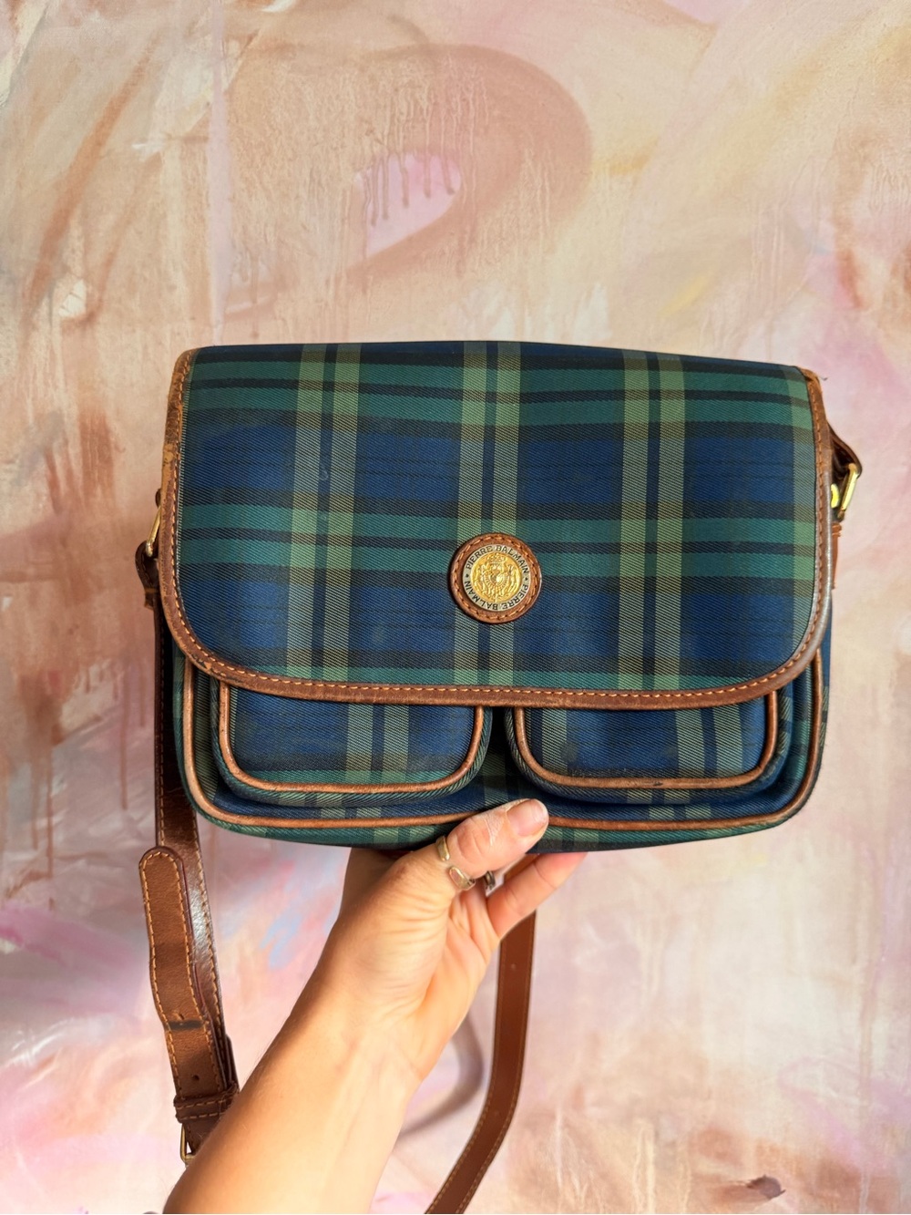 Pierre Balmain Classic Plaid Crossbody Bag with Brown Trim